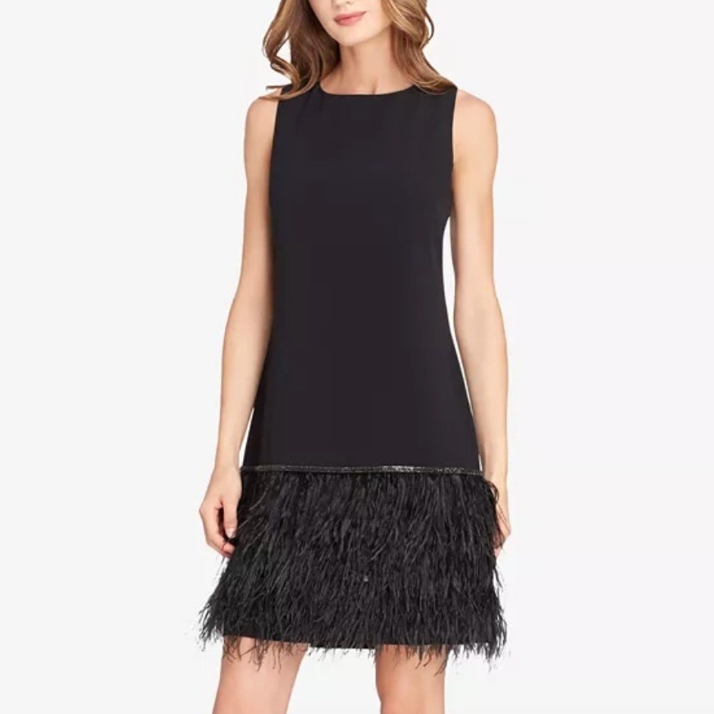 Tahari ASL Embellished‎ Feather-Hem Sheath Dress in Black sz 6